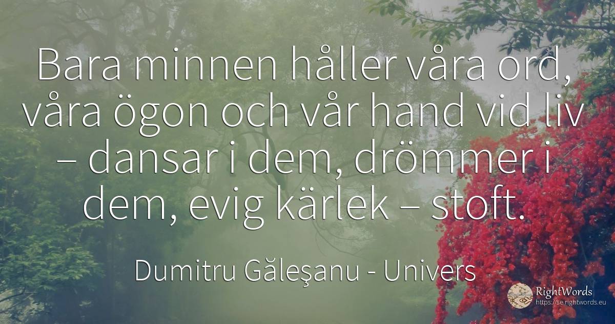 Bara minnen håller våra ord, våra ögon och vår hand vid... - Dumitru Găleşanu, citat om univers