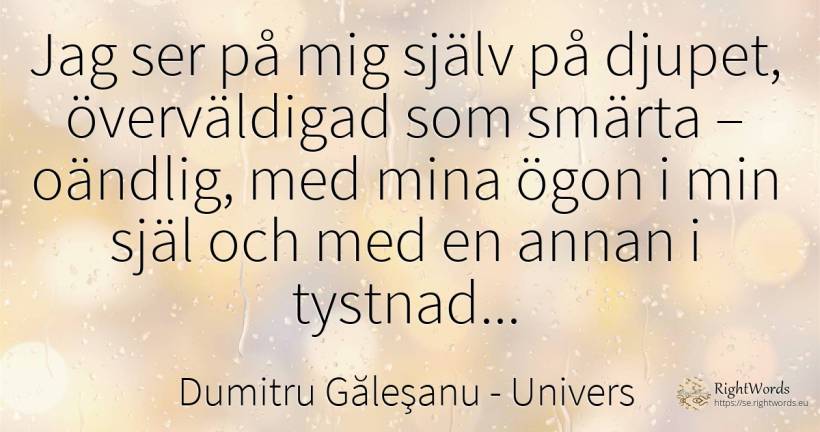 Jag ser på mig själv på djupet, överväldigad som smärta –... - Dumitru Găleşanu, citat om univers